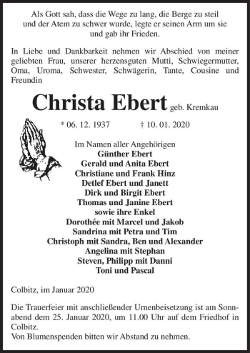 Traueranzeige von Christa Ebert (geb. Kremkau)  von Magdeburger Volksstimme