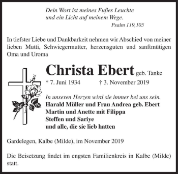 Traueranzeige von Christa Ebert (geb. Tanke)  von Magdeburger Volksstimme