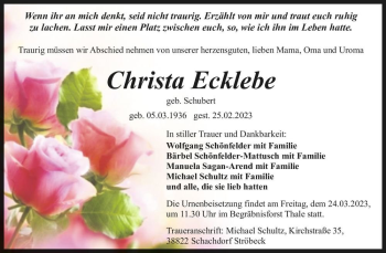 Traueranzeige von Christa Ecklebe (geb. Schubert)  von Magdeburger Volksstimme