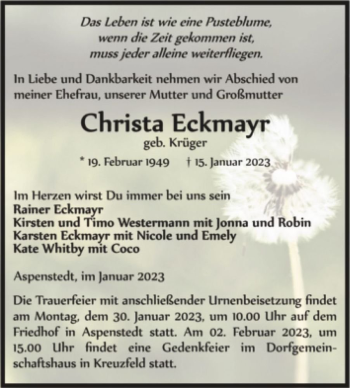 Traueranzeige von Christa Eckmayr (geb. Krüger)  von Magdeburger Volksstimme