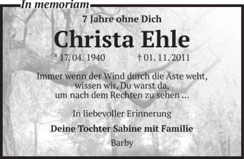 Traueranzeige von Christa Ehle  von Magdeburger Volksstimme