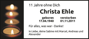 Traueranzeige von Christa Ehle  von Magdeburger Volksstimme
