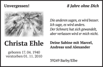 Traueranzeige von Christa Ehle  von Magdeburger Volksstimme