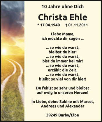 Traueranzeige von Christa Ehle  von Magdeburger Volksstimme