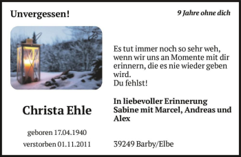 Traueranzeige von Christa Ehle  von Magdeburger Volksstimme