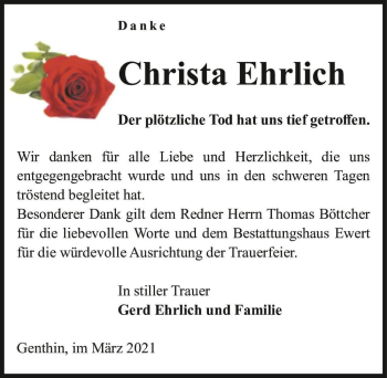 Traueranzeige von Christa Ehrlich  von Magdeburger Volksstimme