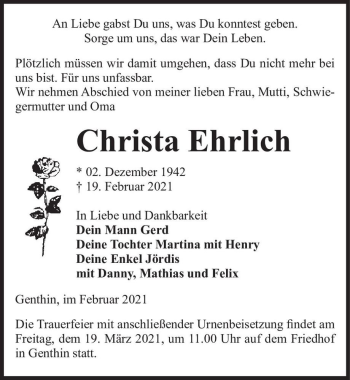 Traueranzeige von Christa Ehrlich  von Magdeburger Volksstimme