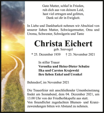Traueranzeige von Christa Eichert (geb. Seevogel)  von Magdeburger Volksstimme