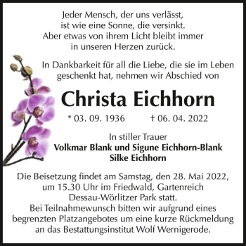 Traueranzeige von Christa Eichhorn  von Magdeburger Volksstimme
