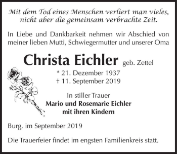 Traueranzeige von Christa Eichler (geb. Zettel)  von Magdeburger Volksstimme