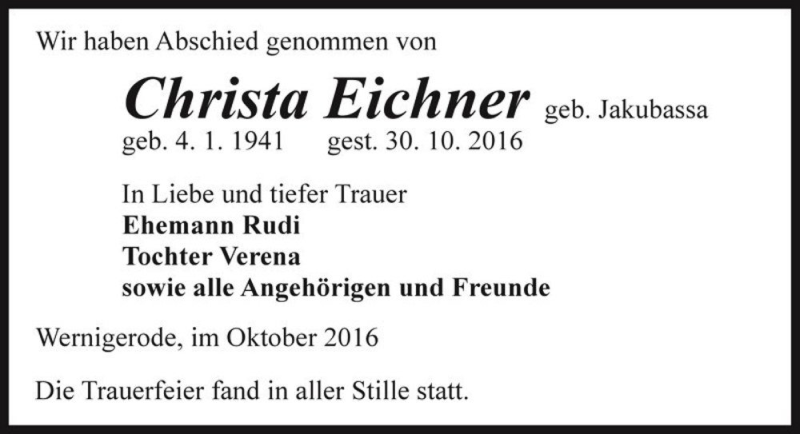  Traueranzeige für Christa Eichner (geb. Jakubassa)  vom 26.11.2016 aus Magdeburger Volksstimme