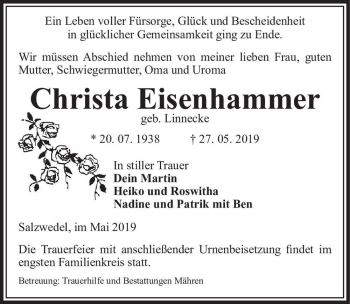 Traueranzeige von Christa Eisenhammer (geb. Linnecke)  von Magdeburger Volksstimme
