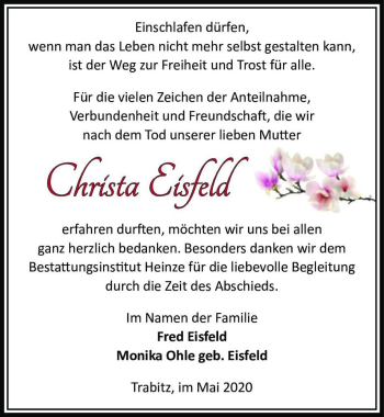Traueranzeige von Christa Eisfeld  von Magdeburger Volksstimme