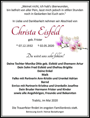 Traueranzeige von Christa Eisfeld (geb. Frister)  von Magdeburger Volksstimme