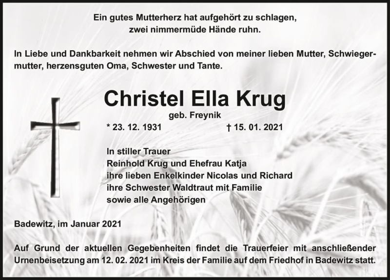  Traueranzeige für Christa Ella Krug (geb. Freynik)  vom 30.01.2021 aus Magdeburger Volksstimme