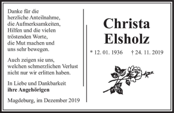 Traueranzeige von Christa Elsholz  von Magdeburger Volksstimme