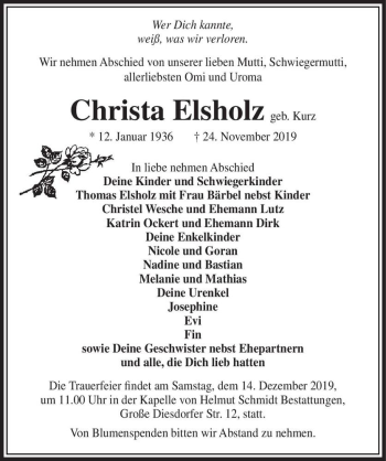 Traueranzeige von Christa Elsholz (geb. Kurz)  von Magdeburger Volksstimme