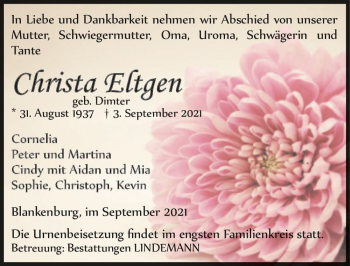 Traueranzeige von Christa Eltgen (geb. Dimter)  von Magdeburger Volksstimme