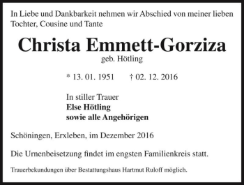 Traueranzeige von Christa Emmett-Gorziza (geb. Hötling)  von Magdeburger Volksstimme
