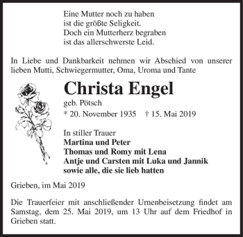 Traueranzeige von Christa Engel (geb. Pötsch)  von Magdeburger Volksstimme