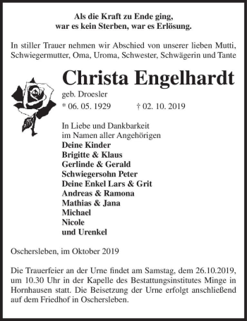 Traueranzeige von Christa Engelhardt (geb. Droesler)  von Magdeburger Volksstimme