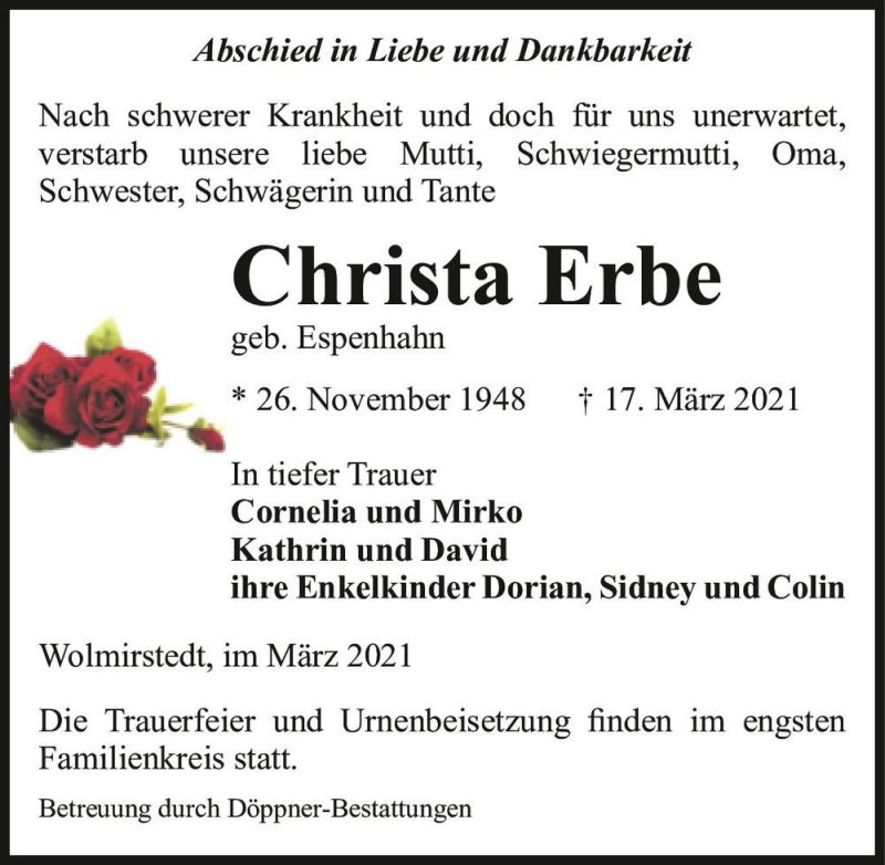  Traueranzeige für Christa Erbe (geb. Espenhahn)  vom 27.03.2021 aus Magdeburger Volksstimme