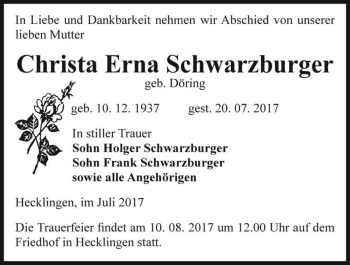 Traueranzeige von Christa Erna Schwarzburger (geb. Döring)  von Magdeburger Volksstimme