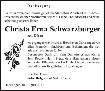 Traueranzeige von Christa Erna Schwarzburger (geb. Döring)  von Magdeburger Volksstimme