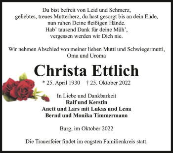 Traueranzeige von Christa Ettlich  von Magdeburger Volksstimme