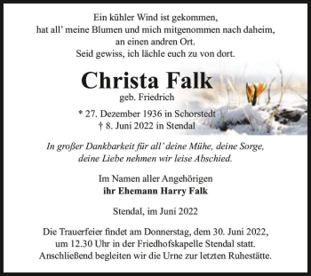 Traueranzeige von Christa Falk (geb. Friedrich)  von Magdeburger Volksstimme
