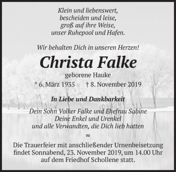 Traueranzeige von Christa Falke (geb. Hauke)  von Magdeburger Volksstimme