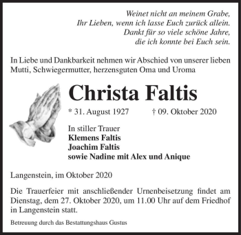 Traueranzeige von Christa Faltis  von Magdeburger Volksstimme