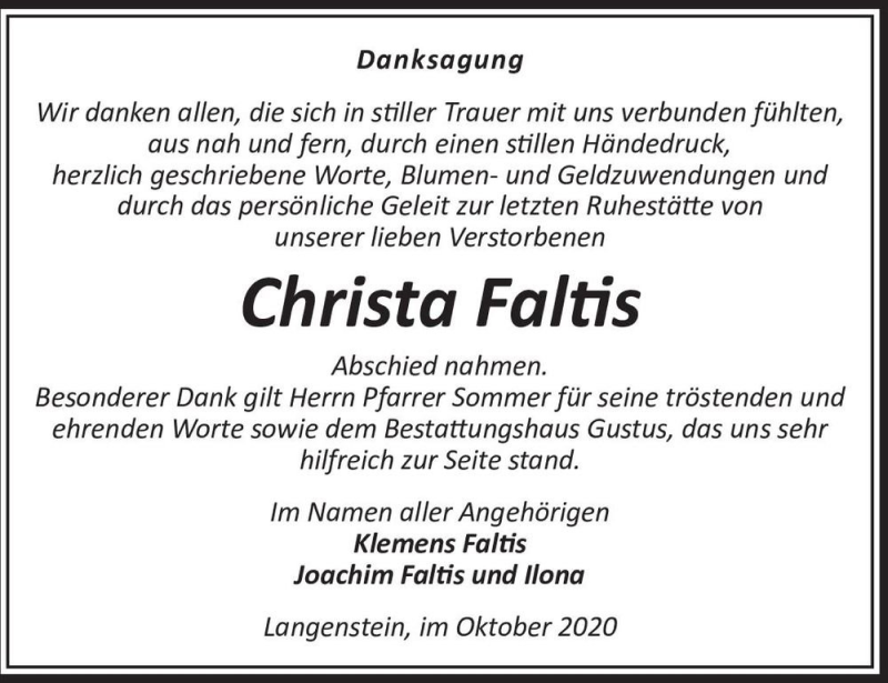  Traueranzeige für Christa Faltis  vom 30.10.2020 aus Magdeburger Volksstimme