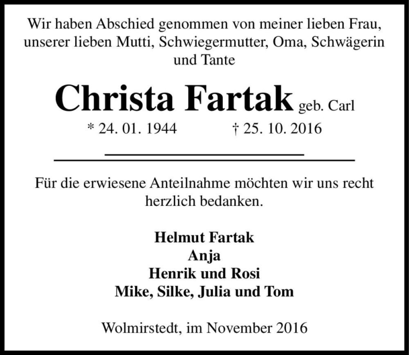  Traueranzeige für Christa Fartak (geb. Carl)  vom 05.11.2016 aus Magdeburger Volksstimme