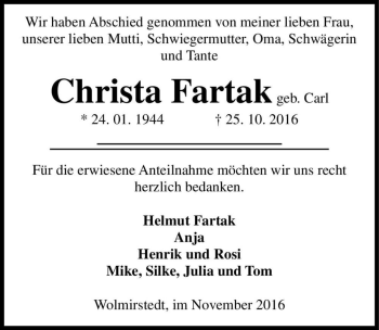 Traueranzeige von Christa Fartak (geb. Carl)  von Magdeburger Volksstimme