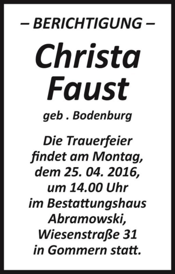 Traueranzeige von Christa Faust (geb. Bodenburg)  von Magdeburger Volksstimme