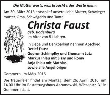 Traueranzeige von Christa Faust (geb. Bodenburg)  von Magdeburger Volksstimme