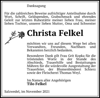 Traueranzeige von Christa Felkel  von Magdeburger Volksstimme