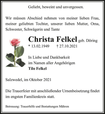 Traueranzeige von Christa Felkel (geb. Döhring)  von Magdeburger Volksstimme