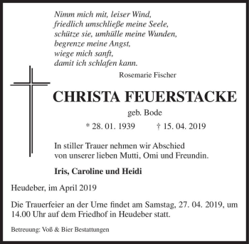 Traueranzeige von Christa Feuerstacke (geb. Bode)  von Magdeburger Volksstimme