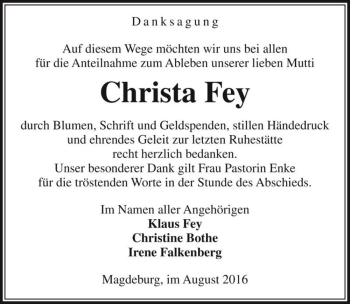 Traueranzeige von Christa Fey  von Magdeburger Volksstimme