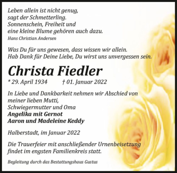 Traueranzeige von Christa Fiedler  von Magdeburger Volksstimme