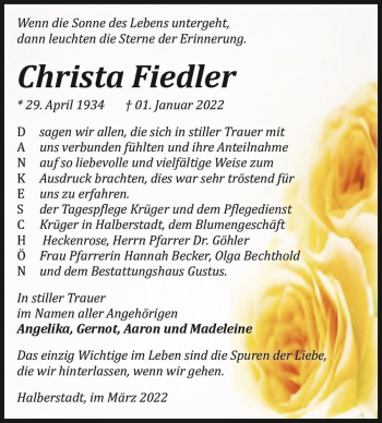 Traueranzeige von Christa Fiedler  von Magdeburger Volksstimme