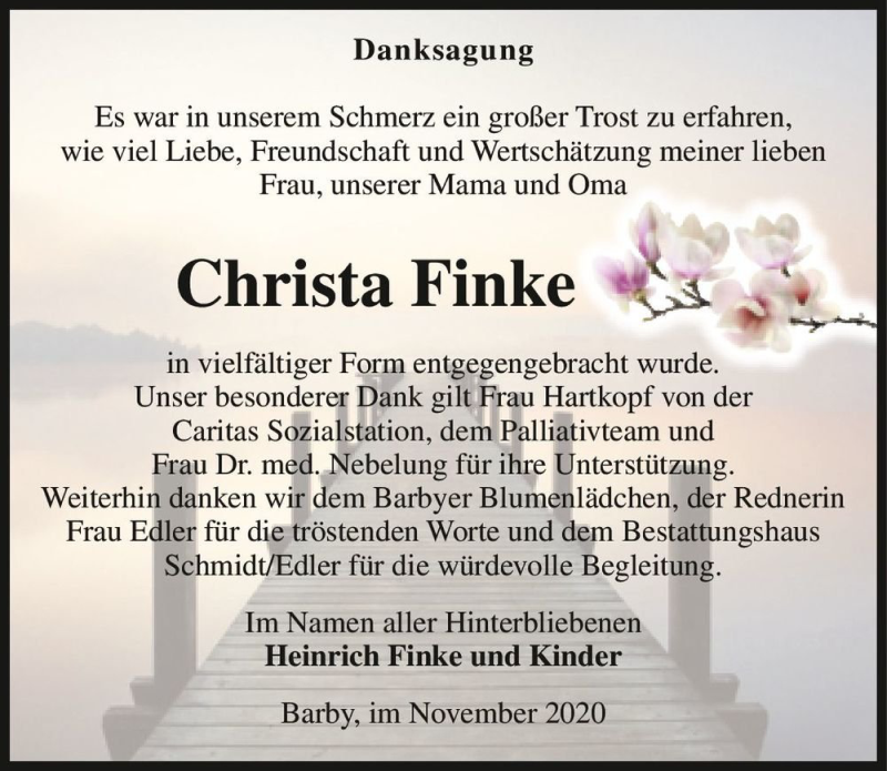  Traueranzeige für Christa Finke  vom 28.11.2020 aus Magdeburger Volksstimme