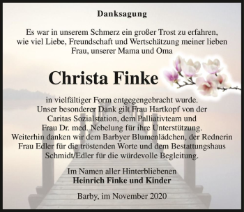 Traueranzeige von Christa Finke  von Magdeburger Volksstimme