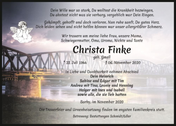 Traueranzeige von Christa Finke (geb. Gmell)  von Magdeburger Volksstimme