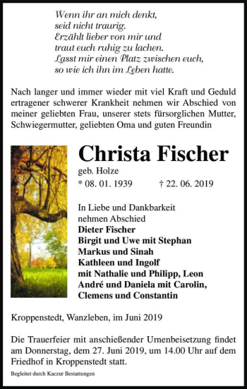 Traueranzeige von Christa Fischer (geb. Holze)  von Magdeburger Volksstimme