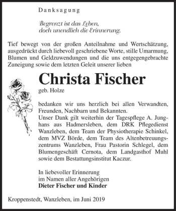 Traueranzeige von Christa Fischer (geb. Holze)  von Magdeburger Volksstimme