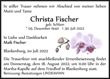 Traueranzeige von Christa Fischer (geb. Schlam)  von Magdeburger Volksstimme