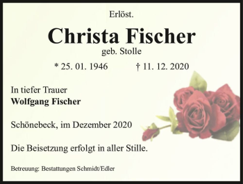 Traueranzeige von Christa Fischer (geb. Stolle)  von Magdeburger Volksstimme